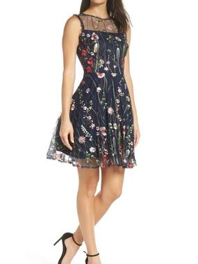 Morgan & Co. Navy Floral Embroidered Mesh Fit & Flare Mini Dress Whimsical